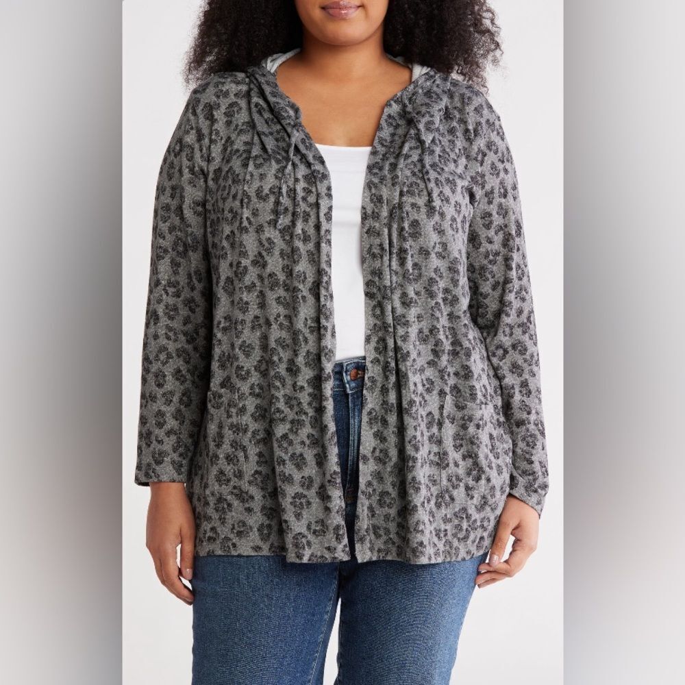 Lucky Brand Leopard Print Hooded Cloud Jersey Cardigan